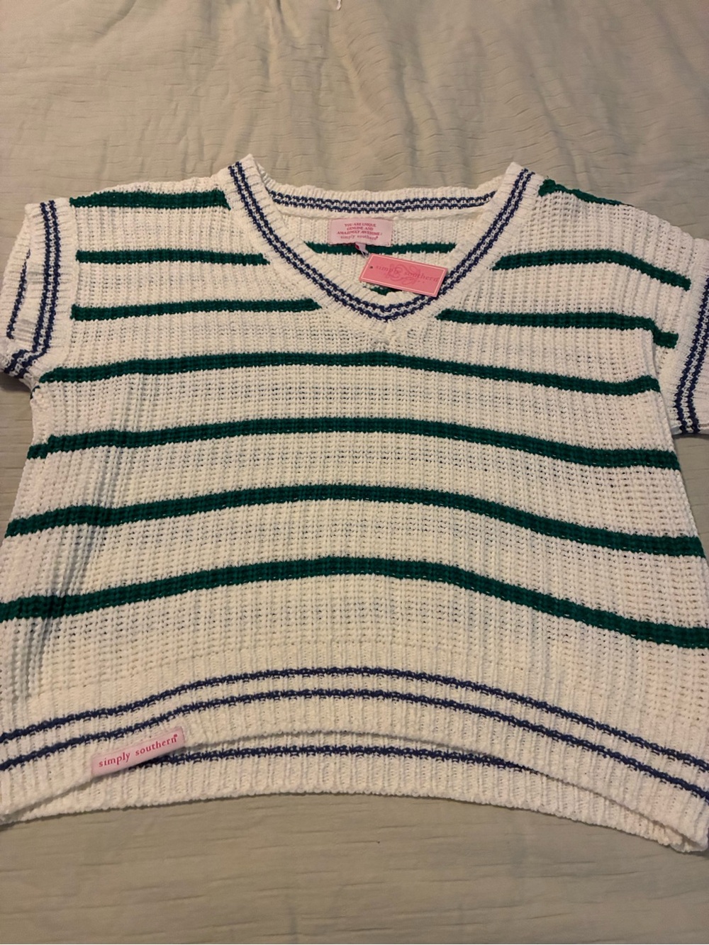 Simply Southern White Scoop Neck Sweater with Green & Blue Stripes